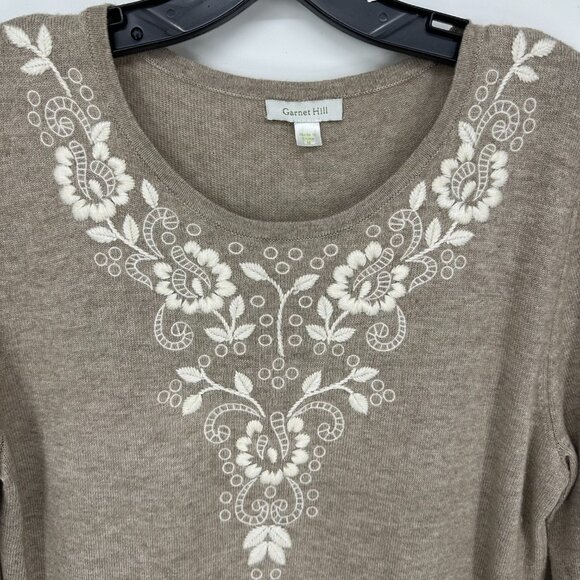 Garnet Hill Floral Embroidered Sweater M Lambswool Cashmere Angora Tan Cream - Picture 6 of 7